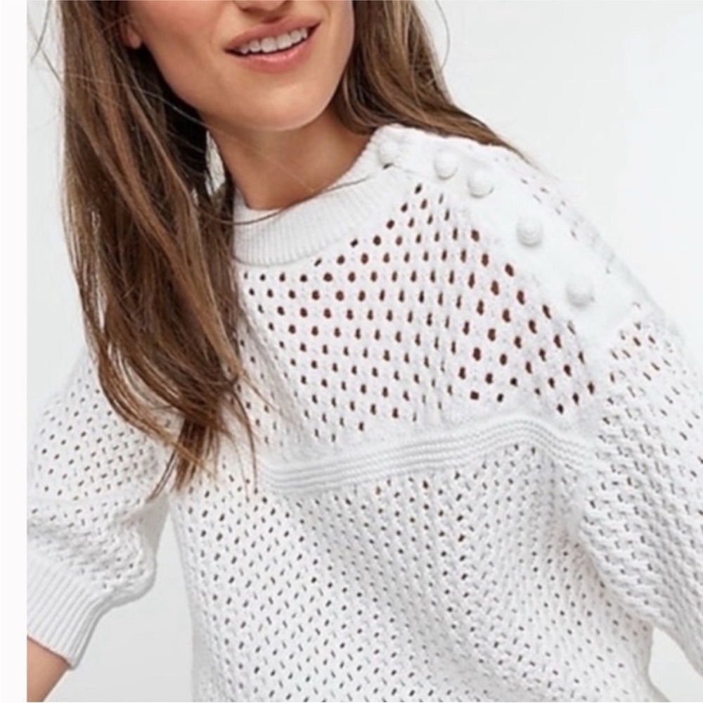 J. Crew White Open-Knit Button-Shoulder Crewneck Sweater